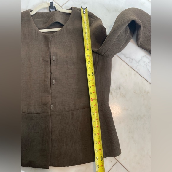 Eileen Fisher Dark Olive Green Brown Silk Blend Hook & Eye Textured Blazer Small - Picture 6 of 7
